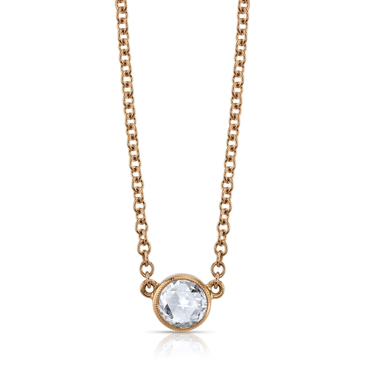 SINGLE STONE LINCOLN NECKLACE featuring 0.44ctw J/VS rose cut diamond bezel set on a handcrafted 18K rose gold necklace. Necklace measures 17".