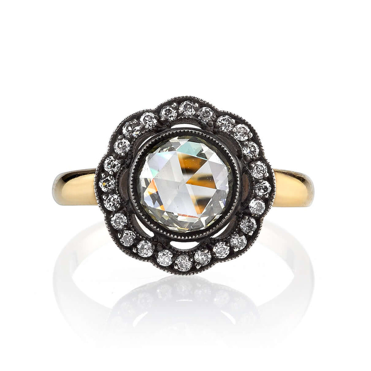 SINGLE STONE CHARLEY RING featuring 1.17ct M/VS rose cut diamond with 0.22ctw old European cut accent diamonds set in a handcrafted 18K yellow gold and oxidized silver mounting.