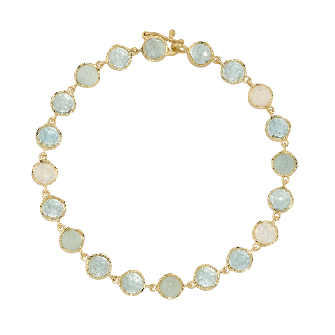 MIXED GEMSTONE BRACELETS - BLUE, 18k yellow gold
5mm rose cut & cabochon aquamarine & rainbow moonstone
Made in Los Angeles
, BRACELETS, Irene Neuwirth