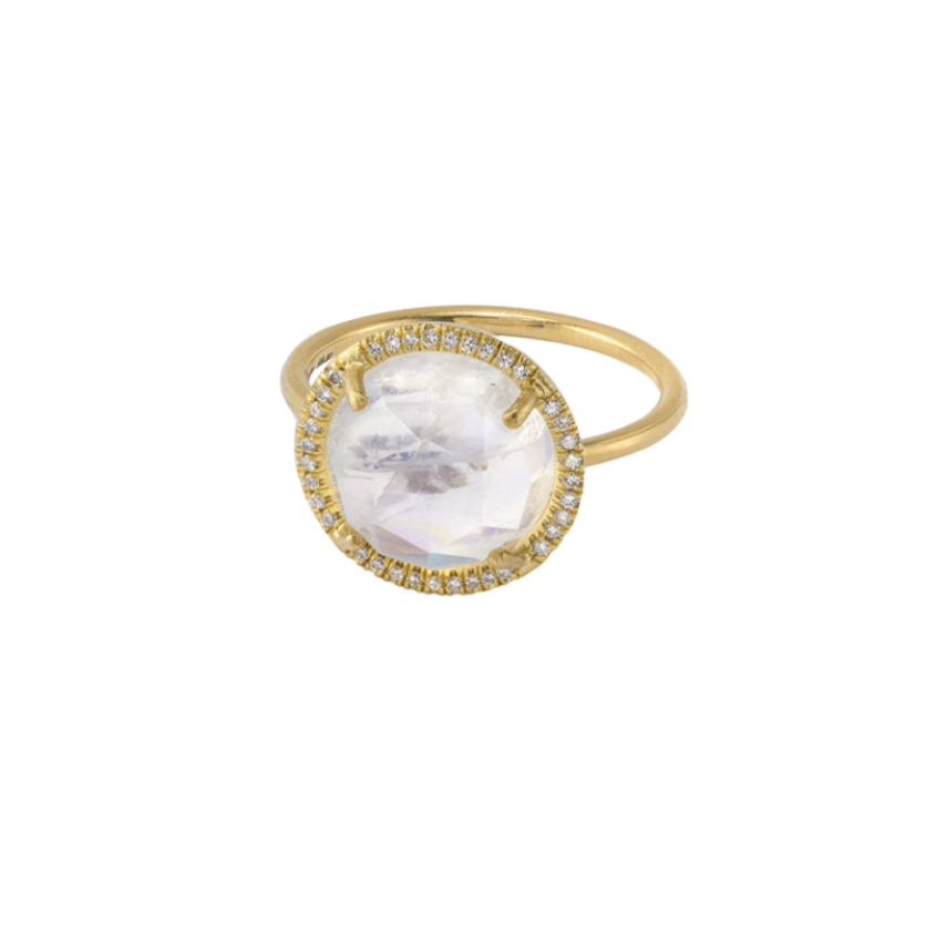CLASSIC MOONSTONE & DIAMOND RING, 18k yellow gold
11mm moonstone
0.13tw diamonds
Size 7
Made in Los Angeles
, Rings, Irene Neuwirth