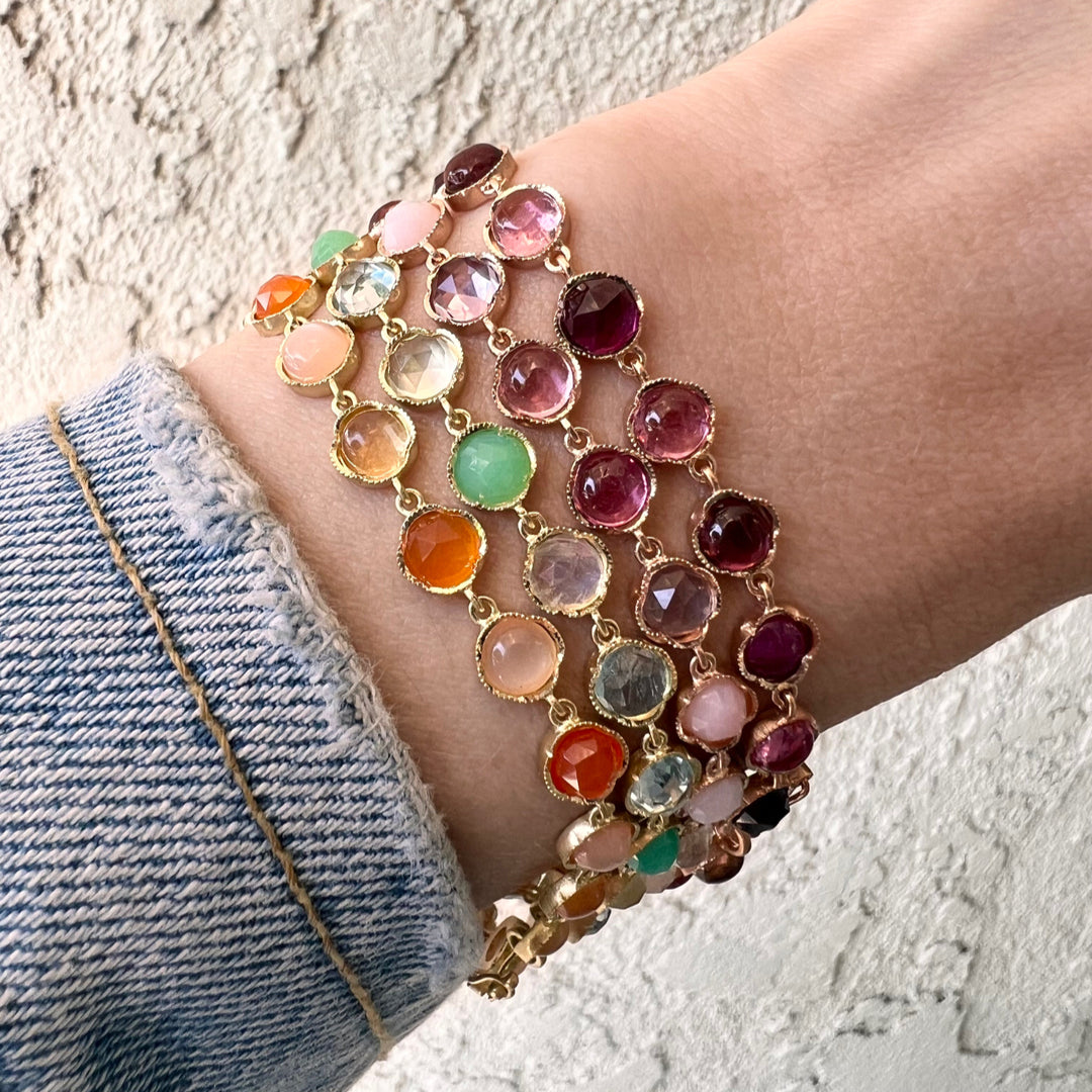 MIXED GEMSTONE BRACELETS - PINK, 18k rose gold
5mm rose cut & cabochon pink tourmaline, pink opal, rainbow moonstone, & rose of France
Made in Los Angeles
, BRACELETS, Irene Neuwirth