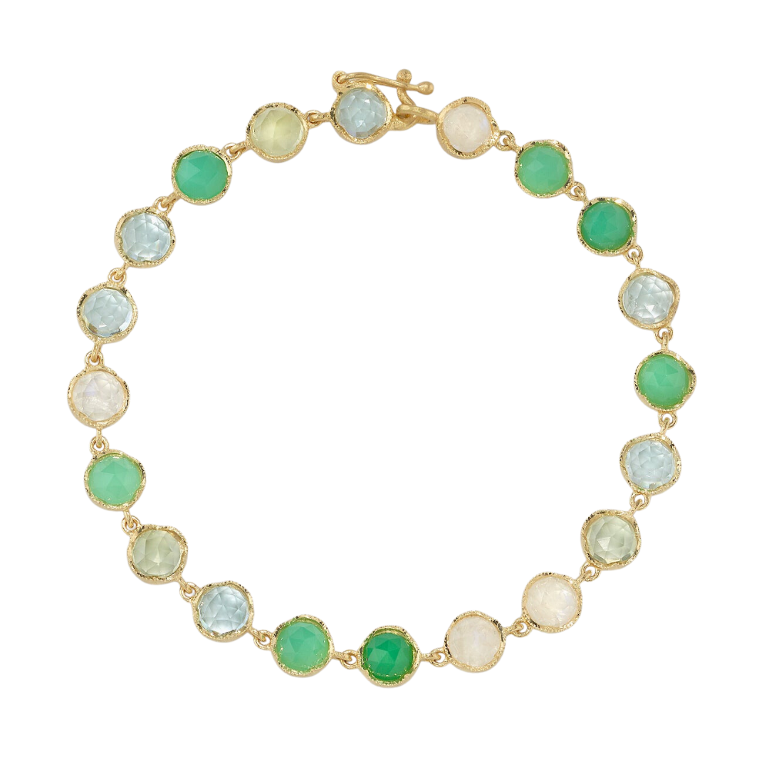 MIXED GEMSTONE BRACELETS - GREEN, 18k yellow gold
5mm rose cut chrysoprase, prehnite, aquamarine, & rainbow moonstone
Made in Los Angeles
, BRACELETS, Irene Neuwirth