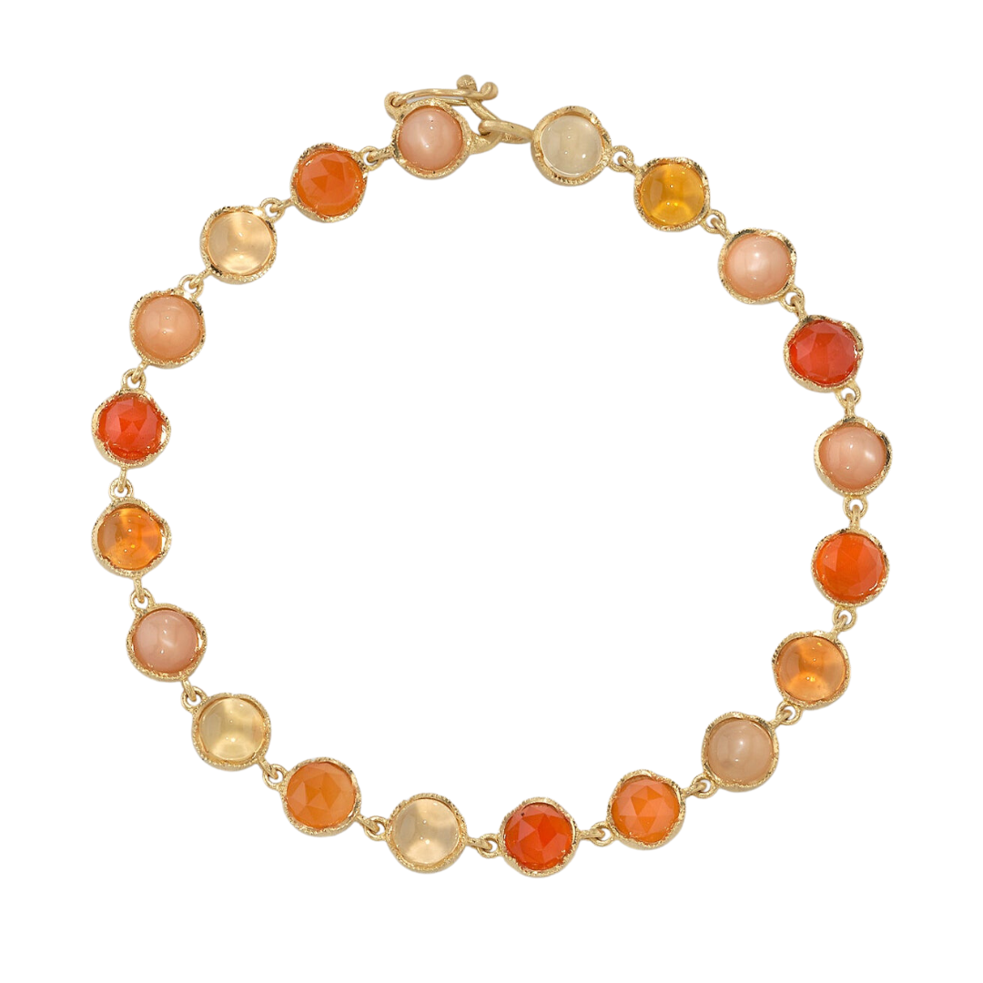 MIXED GEMSTONE BRACELETS - ORANGE, 18k yellow gold
5mm rose cut & cabochon peach moonstone, fire opal, & rainbow moonstone
Made in Los Angeles
, BRACELETS, Irene Neuwirth
