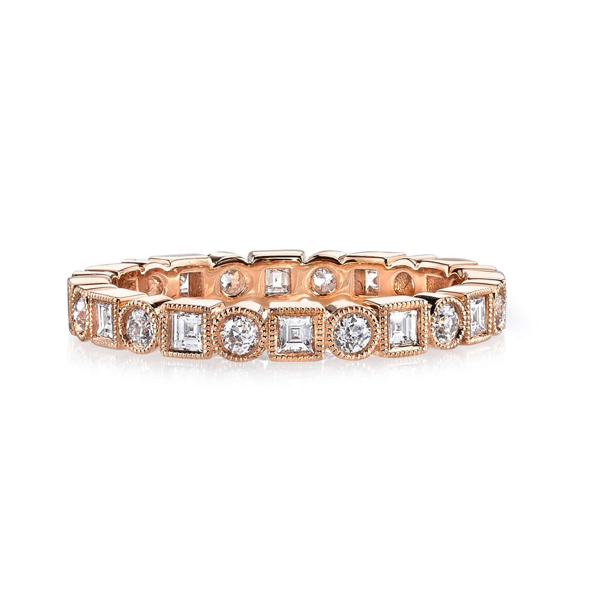 SINGLE STONE ADDIE BAND | Approximately 0.95ctw G-H/VS carré and old European cut diamonds set in a handcrafted eternity band. Approximate band width 2.6mm. Please inquire for additional customization.