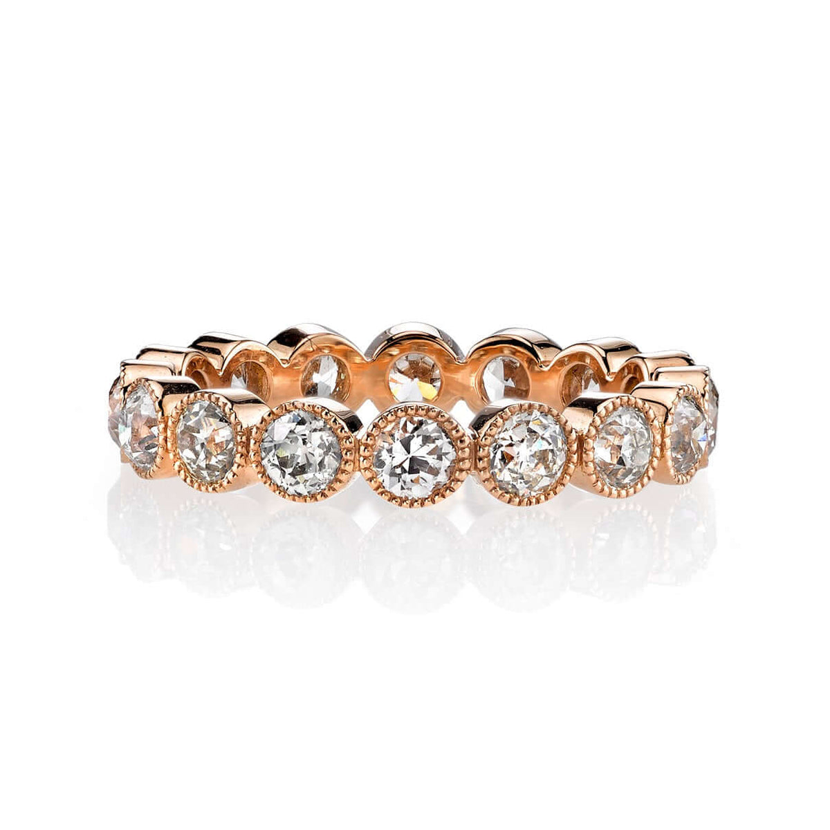SINGLE STONE MEDIUM GABBY BAND | Approximately 1.75ctw old European cut diamonds set in a handcrafted bezel set eternity band. Approximate band with 3.6mm. Please inquire for additional customization.