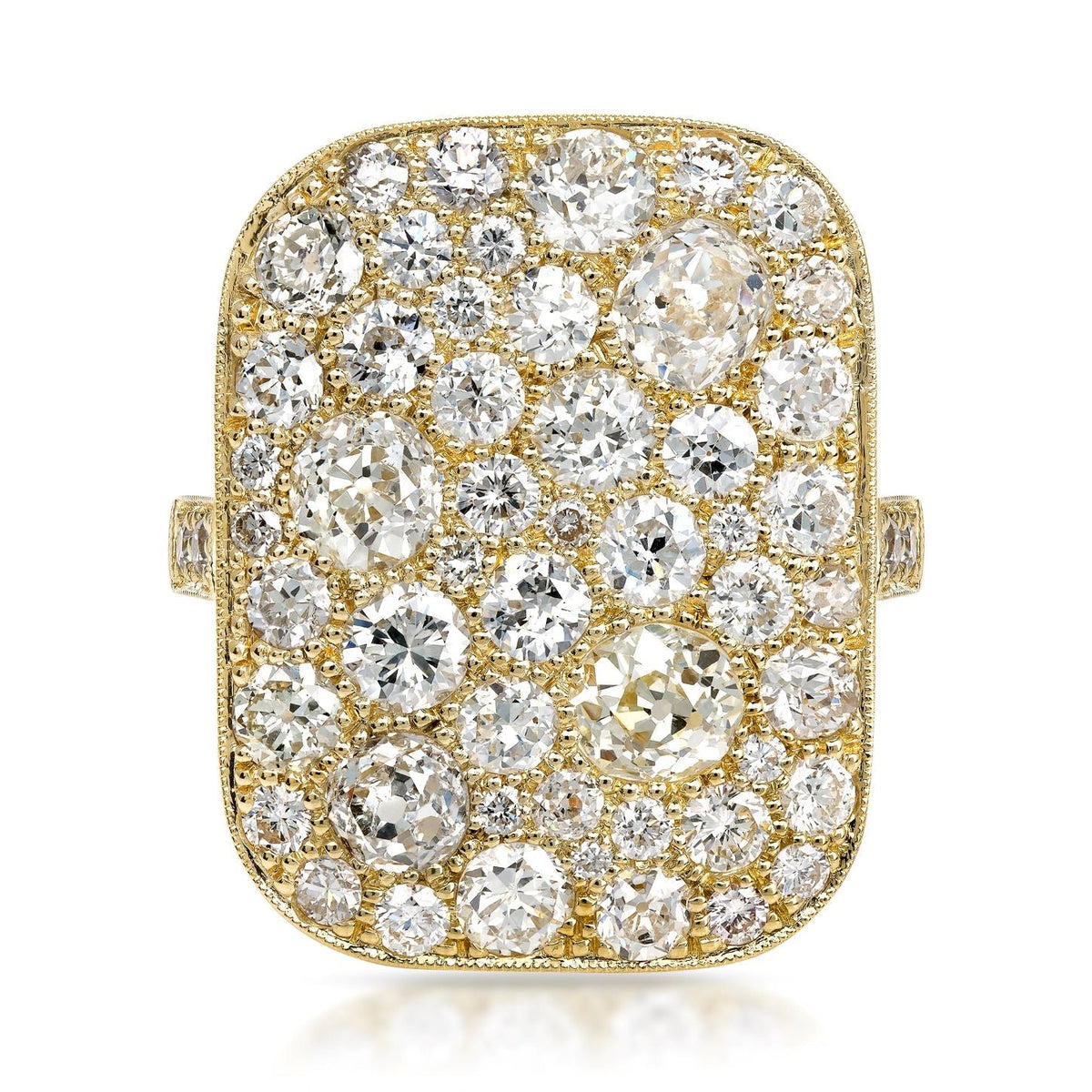 SINGLE STONE RECTANGULAR COBBLESTONE RING RING featuring 3.29ctw various old cut and round brilliant cut diamonds set in a handcrafted oxidized 18K yellow gold mounting. Price may vary according to total diamond weight. Measurements 22mm x 17mm. *Cobblest