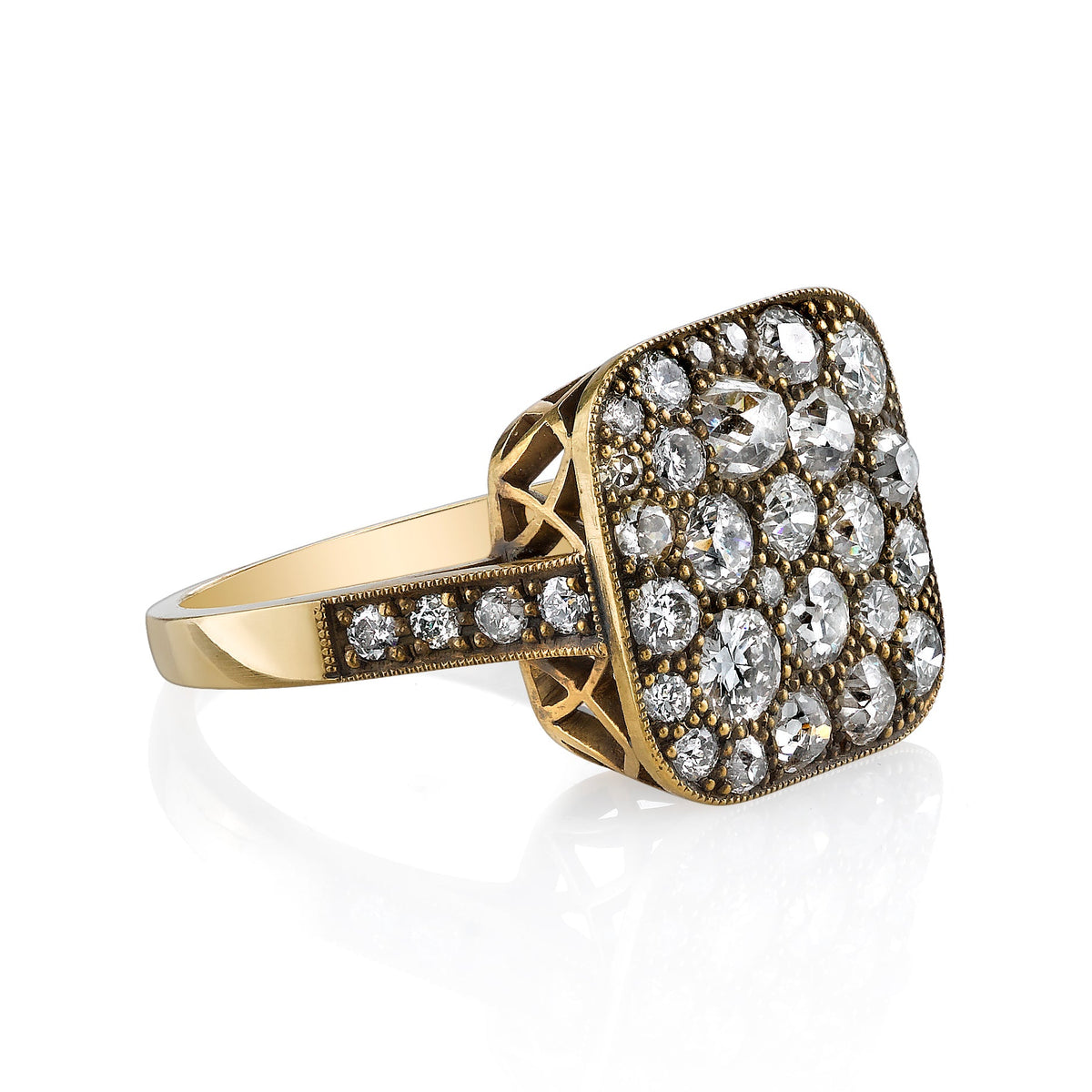 SINGLE STONE SMALL SQUARE COBBLESTONE RING RING featuring Approximately 2.00ctw various old cut and round brilliant cut diamonds set in a handcrafted, oxidized 18K yellow gold mounting. Prices may vary according to total diamond weight. Measurements 13.5m