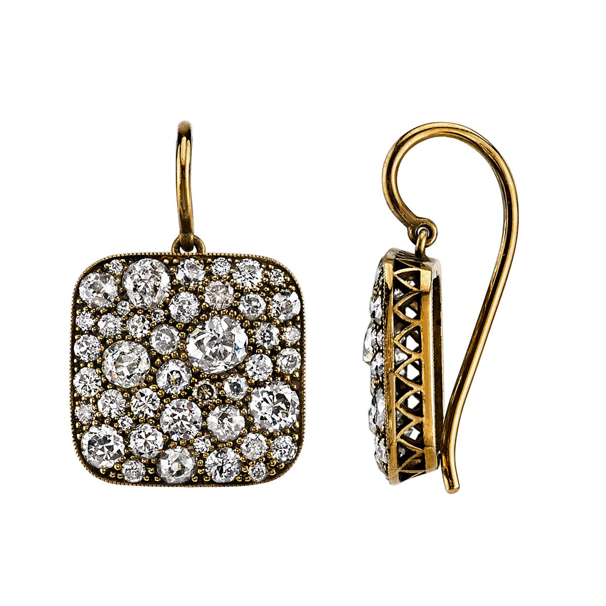 SINGLE STONE COBBLESTONE DANGLE EARRINGS | Earrings featuring 2.94ctw varying old cut and round brilliant cut diamonds set in handcrafted, oxidized 18K yellow gold dangle earrings. Price may vary according to total diamond weight. Measurements 13.5mm x 14