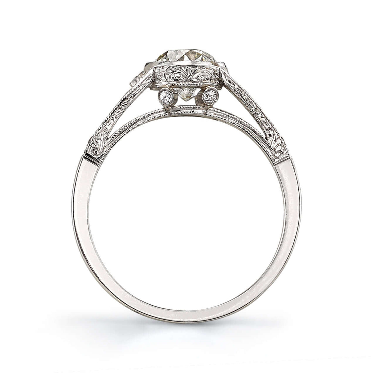 SINGLE STONE CORINNE RING featuring 1.14ct I/VS1 EGL certified old European cut diamond with 0.08ctw old European cut accent diamonds set in a handcrafted platinum mounting.