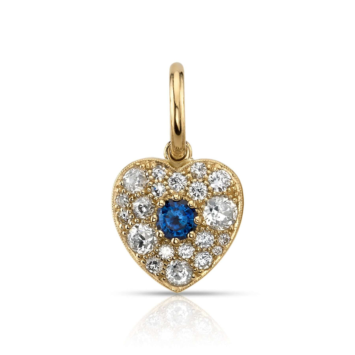 SINGLE STONE SMALL COBBLESTONE HEART WITH GEMSTONES PENDANT featuring Approximately 0.80ctw various old cut and round brilliant cut diamonds set in a handcrafted 18K yellow gold heart pendant with an approximately 0.25ctw old European cut diamond or color