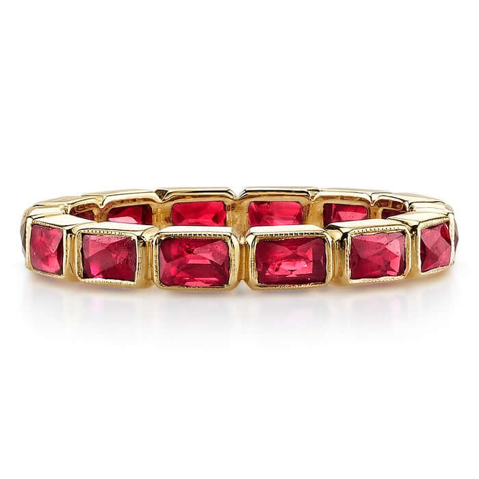 SINGLE STONE LARGE JULIA WITH GEMSTONES BAND | Approximately 0.80ctw G-H/VS French cut diamonds and 1.10ctw French cut gemstones bezel set in a handcrafted eternity band. Band also available with approximately 1.90ctw all gemstones. Approximate band width