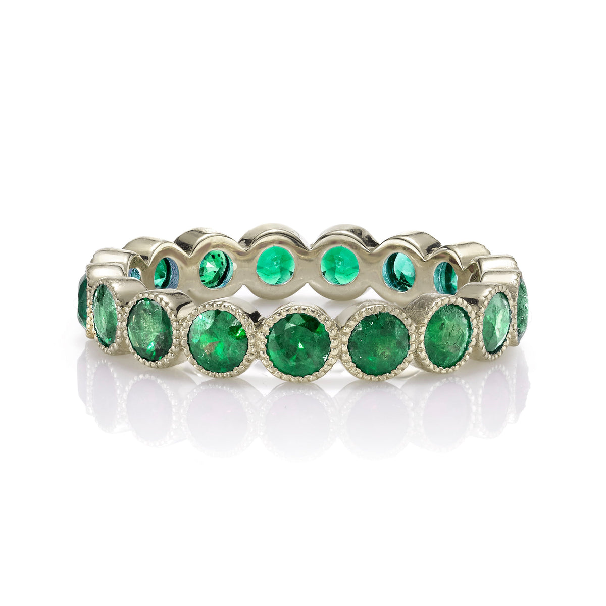 SINGLE STONE MEDIUM GABBY WITH GEMSTONES BAND | Approximately 2.30ctw round cut gemstones bezel set in a handcrafted eternity band. Approximate band with 3.6mm. Please inquire for additional customization.