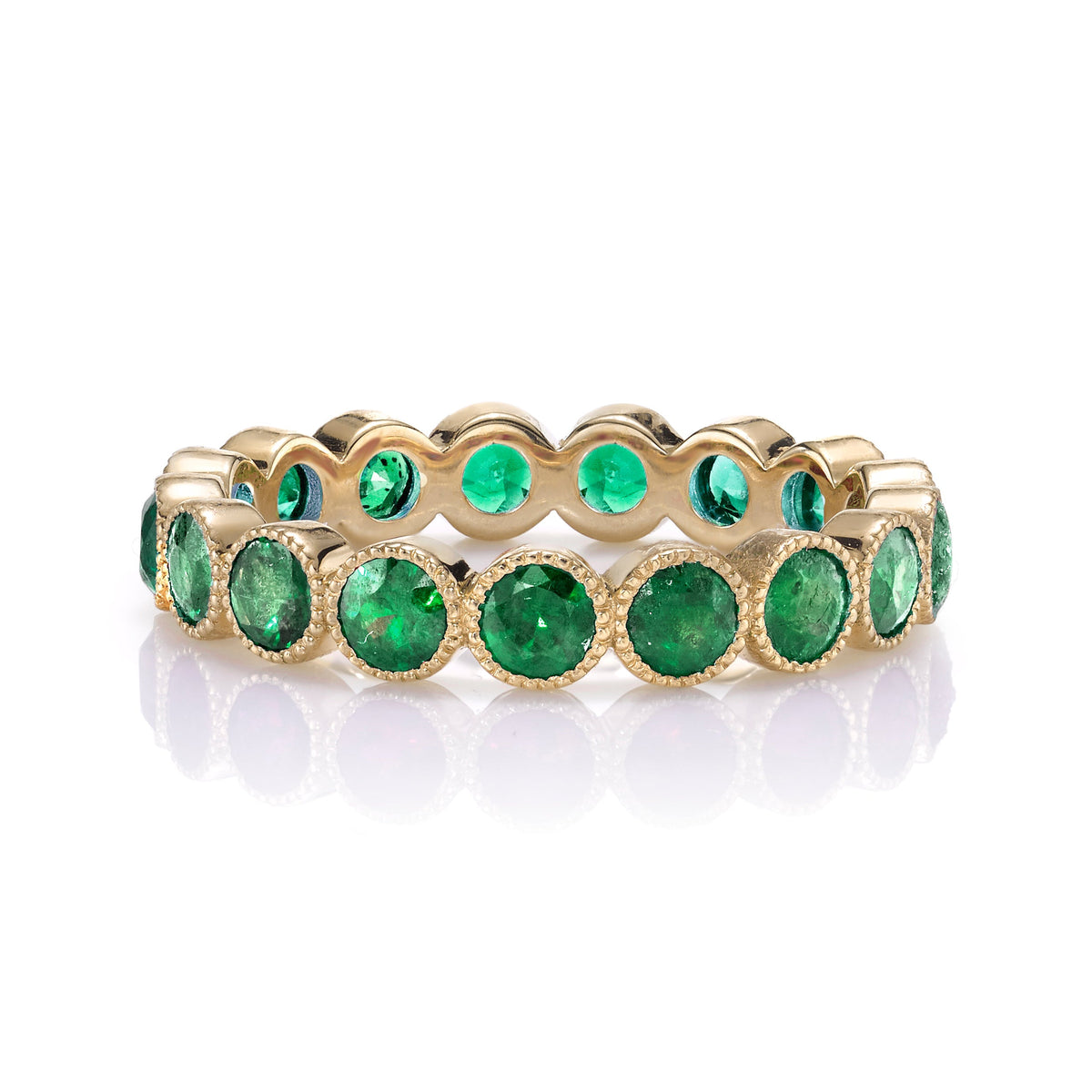 SINGLE STONE MEDIUM GABBY WITH GEMSTONES BAND | Approximately 2.30ctw round cut gemstones bezel set in a handcrafted eternity band. Approximate band with 3.6mm. Please inquire for additional customization.