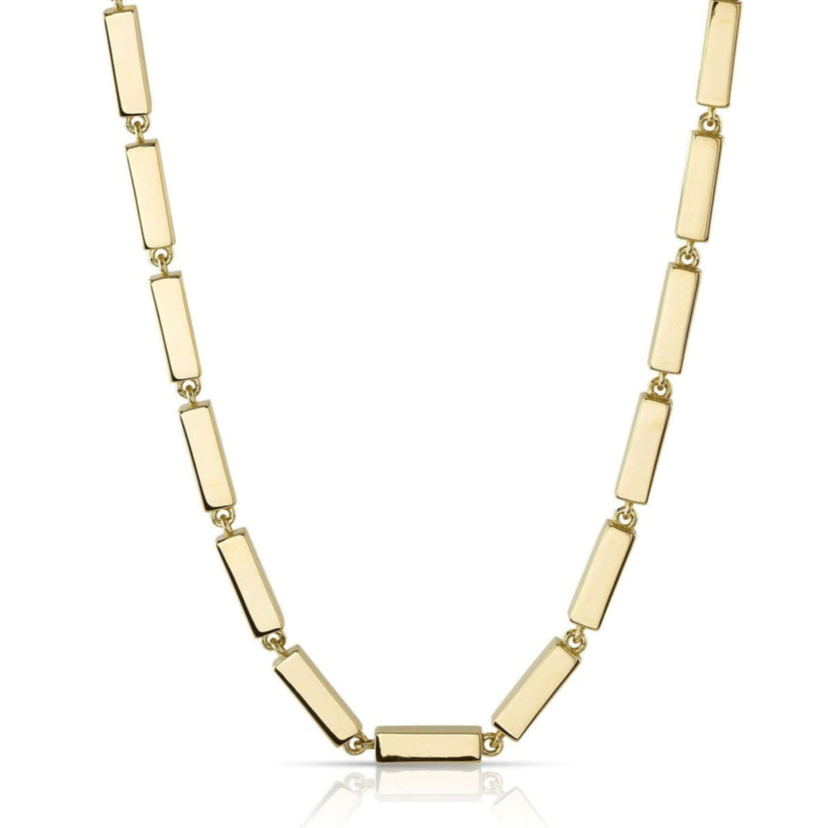 SINGLE STONE GIANA NECKLACE featuring Handcrafted 18K yellow gold full bar necklace. Necklace measures 17".