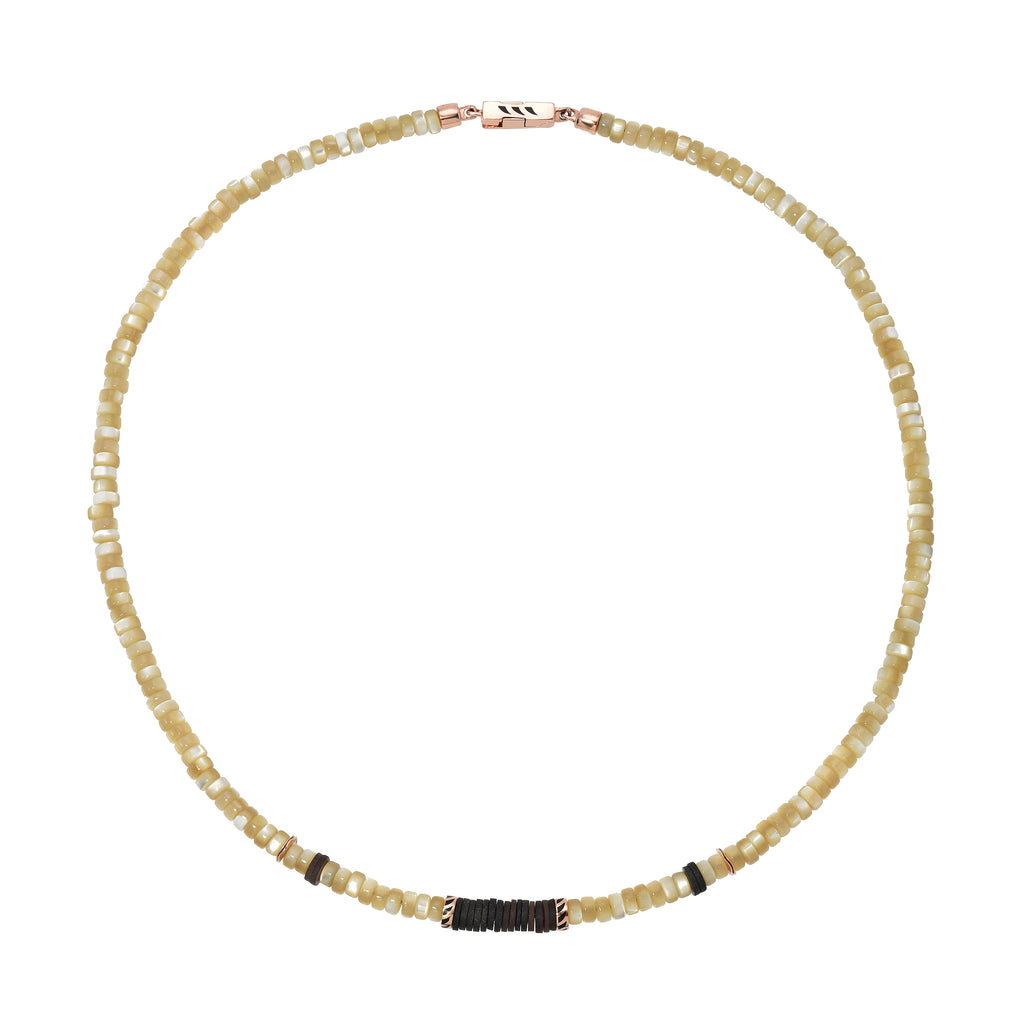 MOTHER OF PEARL PUKA NECKLACE, 18k rose gold  
Black shark fin enamel clasp 
3.5mm mother of pearl puka beads 
, NECKLACES, DEZSO