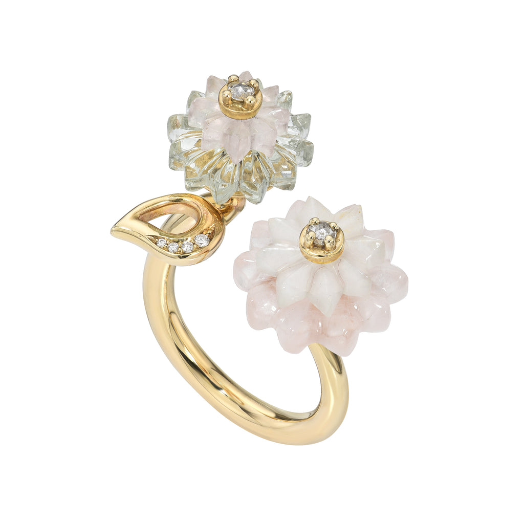 SUMMER SNOW DOUBLE MULTI-STONE RING, 9k yellow gold 
Carved rock crystal, green amethyst and moonstone  
Diamond center stones  
Size 6.5 
Made in London, RINGS, Alice Cicolini
