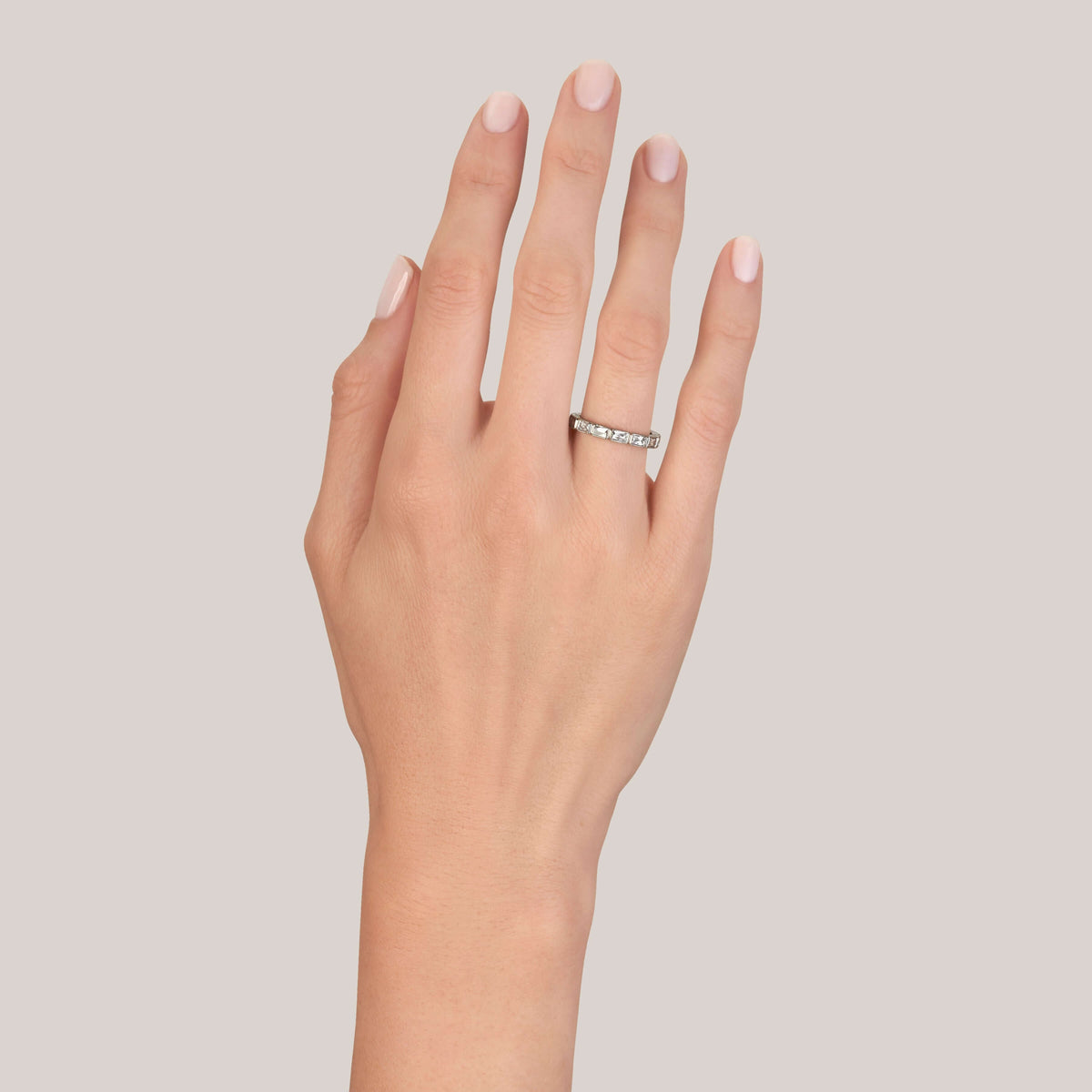 SINGLE STONE LARGE JULIA BAND | Approximately 1.30-1.60ctw G-H/VS French cut diamonds bezel set in a handcrafted eternity band. Approximate band width 3mm. Please inquire for additional customization.