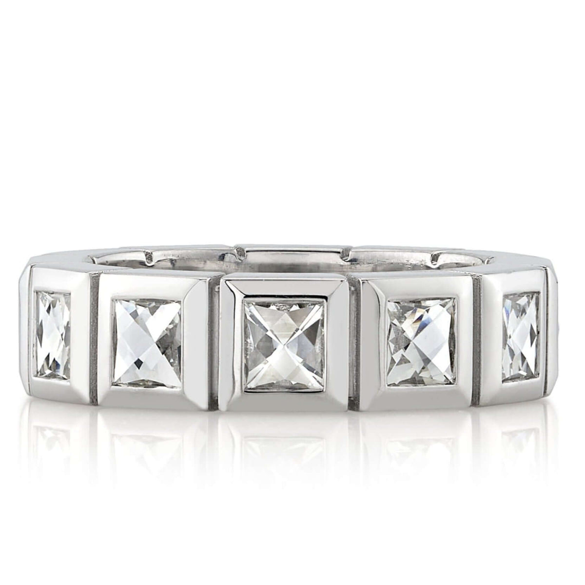 SINGLE STONE LARGE KARINA BAND | Approximately 2.50ctw G-H/VS French cut diamonds bezel set in a handcrafted eternity band. Approximate band width 5.5mm. Please inquire for additional customization.