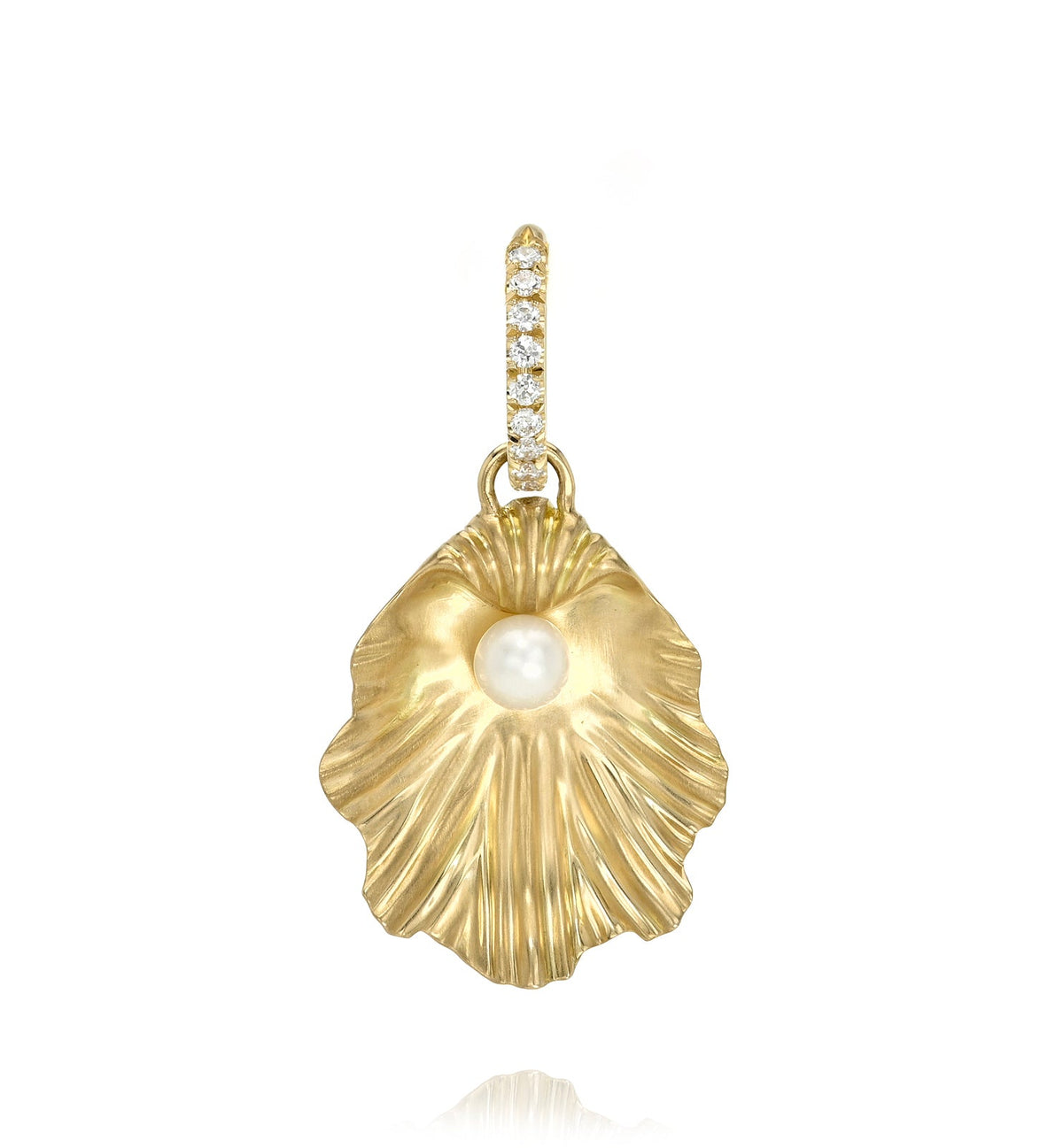 Gold shell pendant with a pearl and diamond accents on a white background