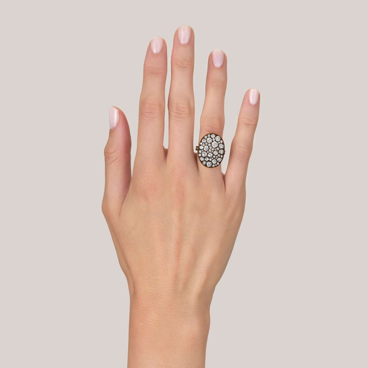 SINGLE STONE LARGE OVAL COBBLESTONE RING RING featuring Approximately 4.00ctw various old cut and round brilliant cut diamonds set in a handcrafted oxidized 18K yellow gold mounting. Price may vary according to total diamond weight. Measurements 22.5mm x