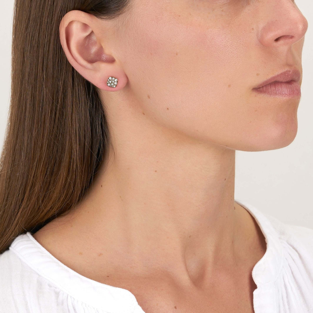 SINGLE STONE MINI SQUARE COBBLESTONE STUDS | Earrings featuring Approximately 0.60ctw varying old cut and round brilliant cut diamonds set in handcrafted 18K yellow gold stud earrings. Available in a polished or oxidized finish. Prices vary according to d