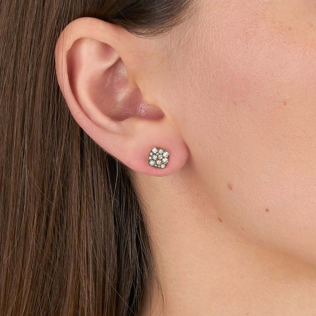 SINGLE STONE MINI SQUARE COBBLESTONE STUDS | Earrings featuring Approximately 0.60ctw varying old cut and round brilliant cut diamonds set in handcrafted 18K yellow gold stud earrings. Available in a polished or oxidized finish. Prices vary according to d