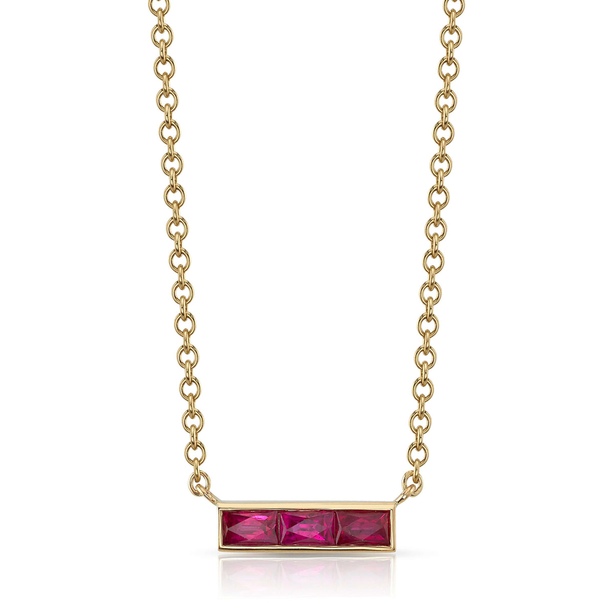 SINGLE STONE MONET NECKLACE WITH GEMSTONES featuring Approximately 0.50ctw French cut rubies or sapphires set in a handcrafted bar pendant. Necklace measures 17".