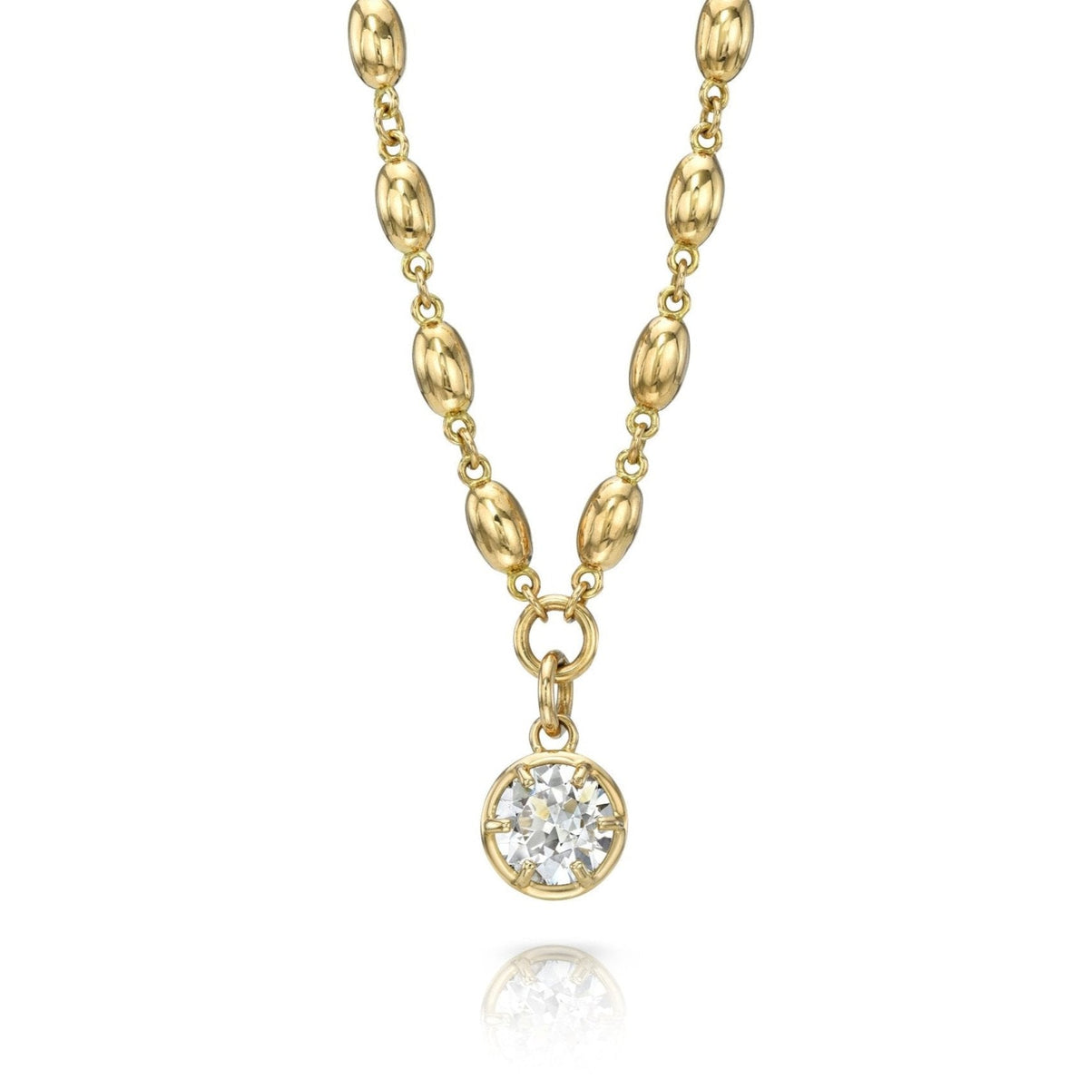SINGLE STONE SAMARA NECKLACE featuring 1.73ct L/SI1 GIA certified old European cut diamond prong set on a handcrafted 18K yellow gold pendant necklace.
