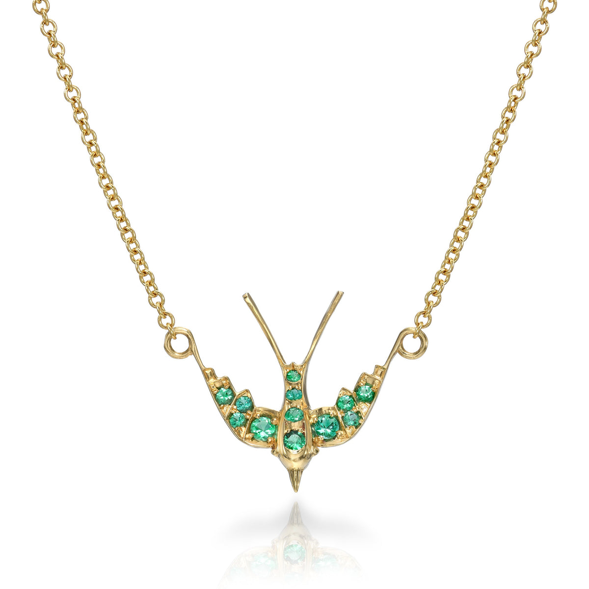 SINGLE STONE SMALL SWALLOW NECKLACE WITH GEMSTONES featuring Approximately 0.35ctw old European cut color gemstones prong set in a handcrafted 18K yellow gold swallow pendant necklace. Necklace measures 17".