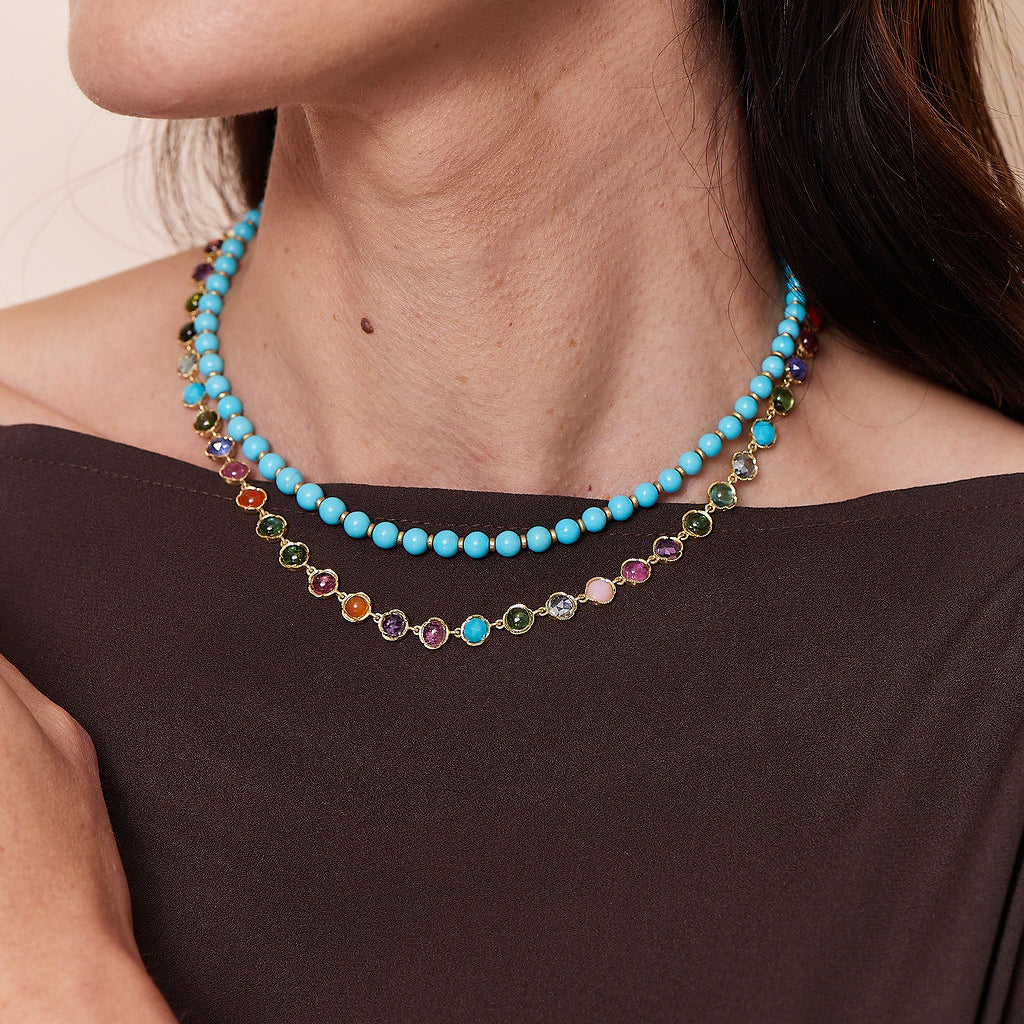 MIXED GEMSTONE NECKLACE, 18k yellow gold
5mm rose & cabochon cut green tourmaline, pink opal, carnelian, amethyst, tanzanite, indicolite, pink tourmaline, turquoise, & aquamarine
16 inches in length
Made in Los Angeles
, Necklace, Irene Neuwirth