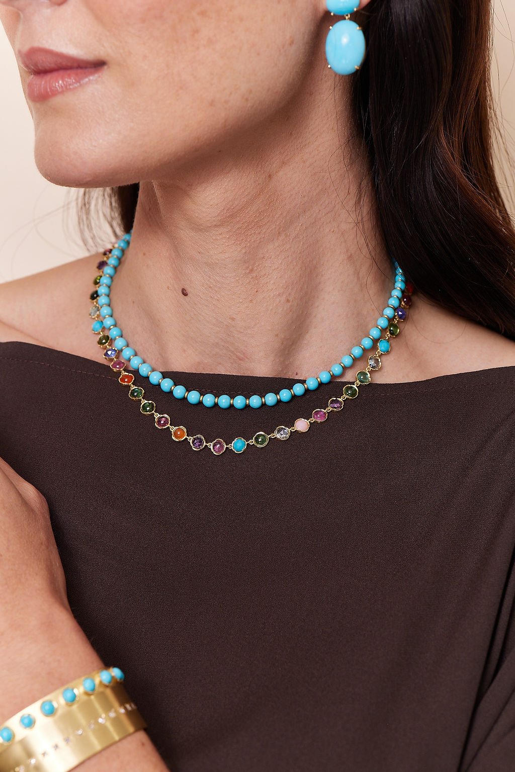 MIXED GEMSTONE NECKLACE, 18k yellow gold
5mm rose & cabochon cut green tourmaline, pink opal, carnelian, amethyst, tanzanite, indicolite, pink tourmaline, turquoise, & aquamarine
16 inches in length
Made in Los Angeles
, Necklace, Irene Neuwirth