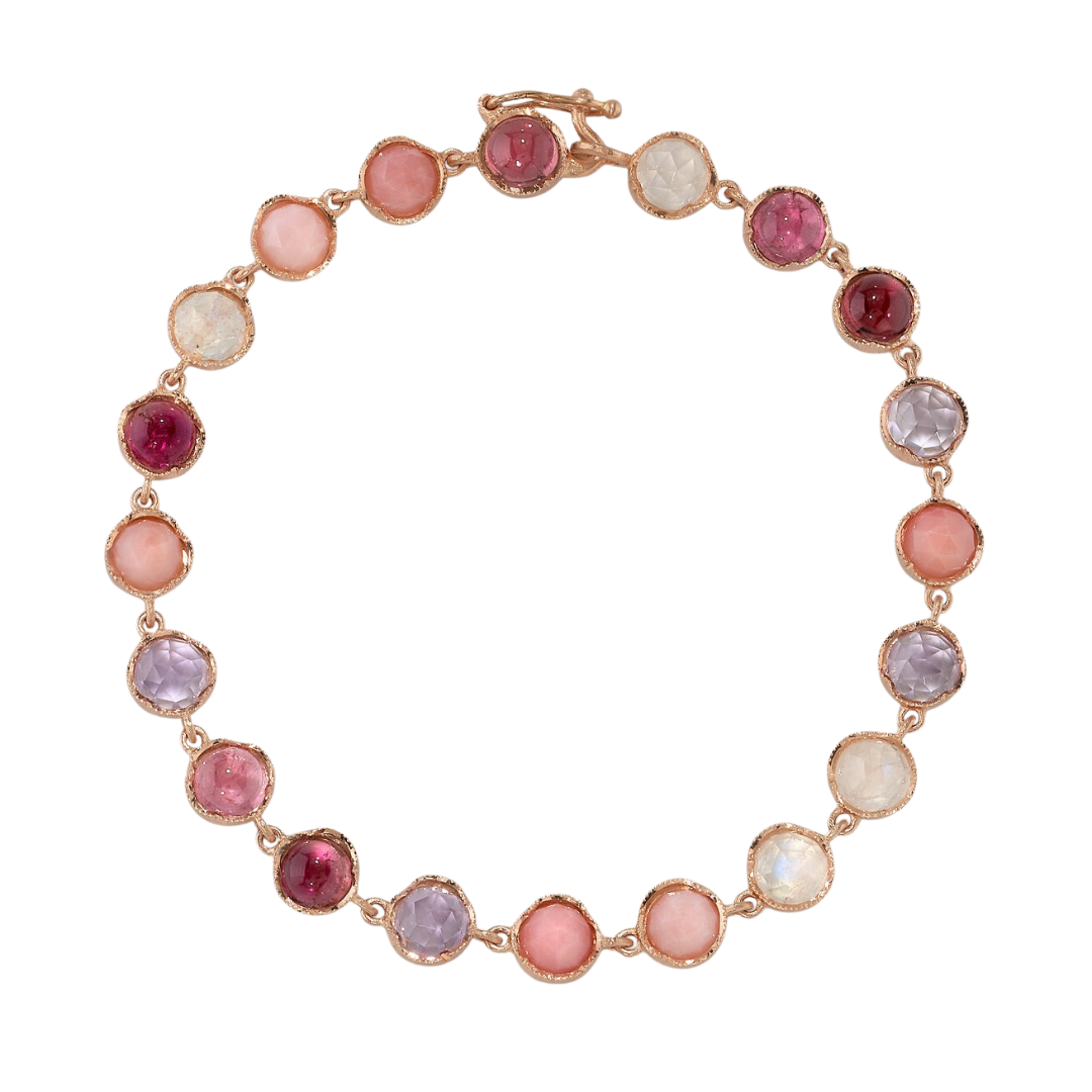 MIXED GEMSTONE BRACELETS - PINK, 18k rose gold
5mm rose cut & cabochon pink tourmaline, pink opal, rainbow moonstone, & rose of France
Made in Los Angeles
, BRACELETS, Irene Neuwirth