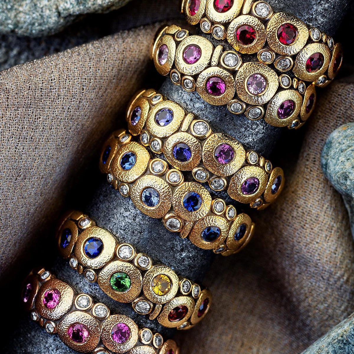 RAINBOW CANDY BAND, 18k yellow gold
0.50ctw fancy colored sapphires
0.12ctw Brilliant cut diamonds
Size 7
Made in New York
, Band, Alex Sepkus