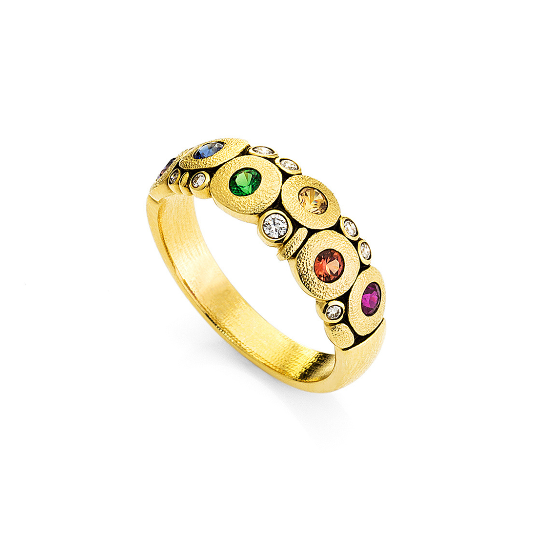 RAINBOW CANDY BAND, 18k yellow gold
0.50ctw fancy colored sapphires
0.12ctw Brilliant cut diamonds
Size 7
Made in New York
, Band, Alex Sepkus