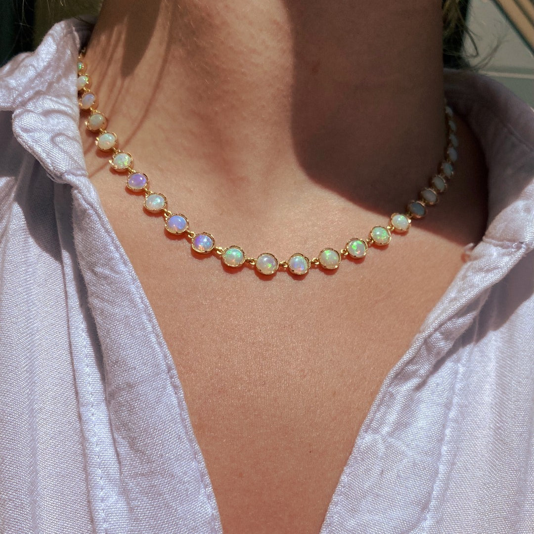 CRYSTAL OPAL NECKLACE, 18k rose gold
5mm cabochon crystal opal
18 inches in length
Made in Los Angeles
, Necklace, Irene Neuwirth