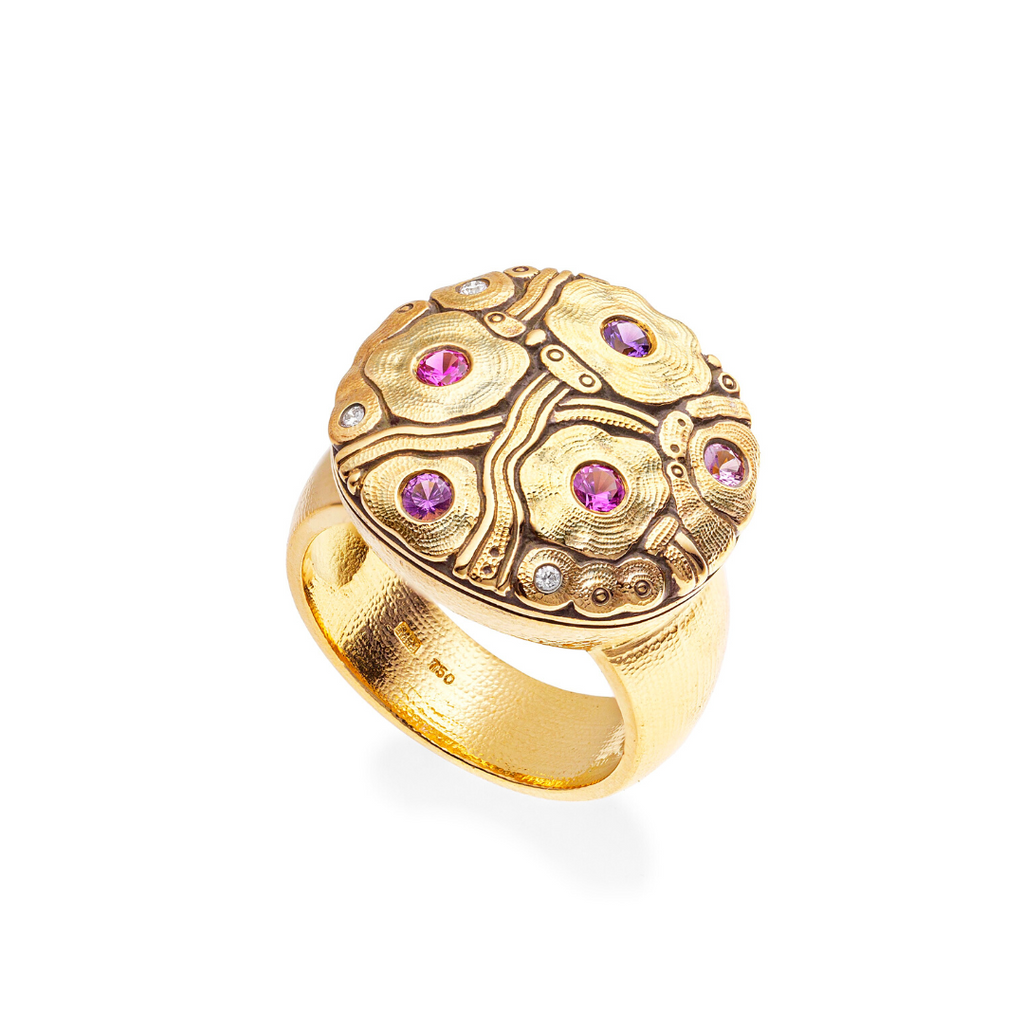 FLORA RING, 18k yellow gold 
0.34tw pink and purple sapphires 
0.04tw Brilliant cut diamonds 
Size 6.5 
Made in New York 
, Ring, Alex Sepkus