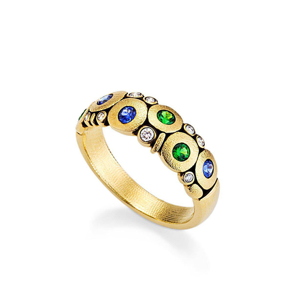 BLUE SAPPHIRE AND TSAVORITE CANDY BAND, 18k yellow gold 
0.50ctw blue sapphire and tsavorite 
0.12ctw Brilliant cut diamonds 
Size 7 
Made in New York 
, Band, Alex Sepkus