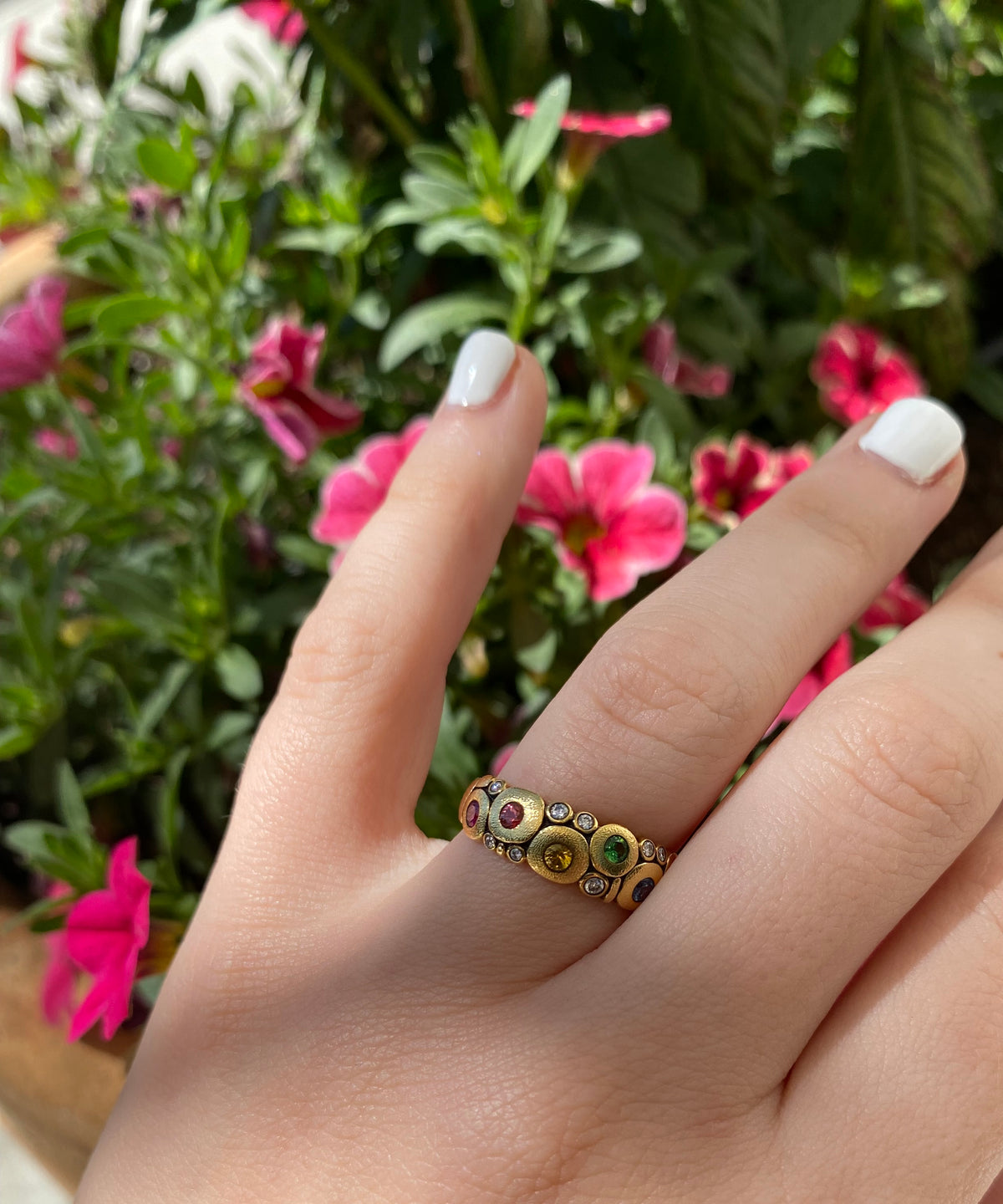 RAINBOW CANDY BAND, 18k yellow gold
0.50ctw fancy colored sapphires
0.12ctw Brilliant cut diamonds
Size 7
Made in New York
, Band, Alex Sepkus