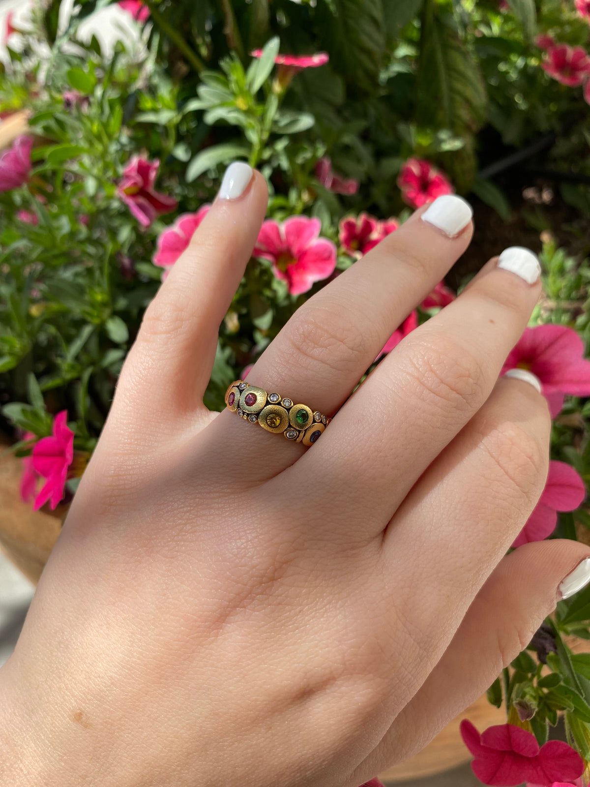 RAINBOW CANDY BAND, 18k yellow gold
0.50ctw fancy colored sapphires
0.12ctw Brilliant cut diamonds
Size 7
Made in New York
, Band, Alex Sepkus