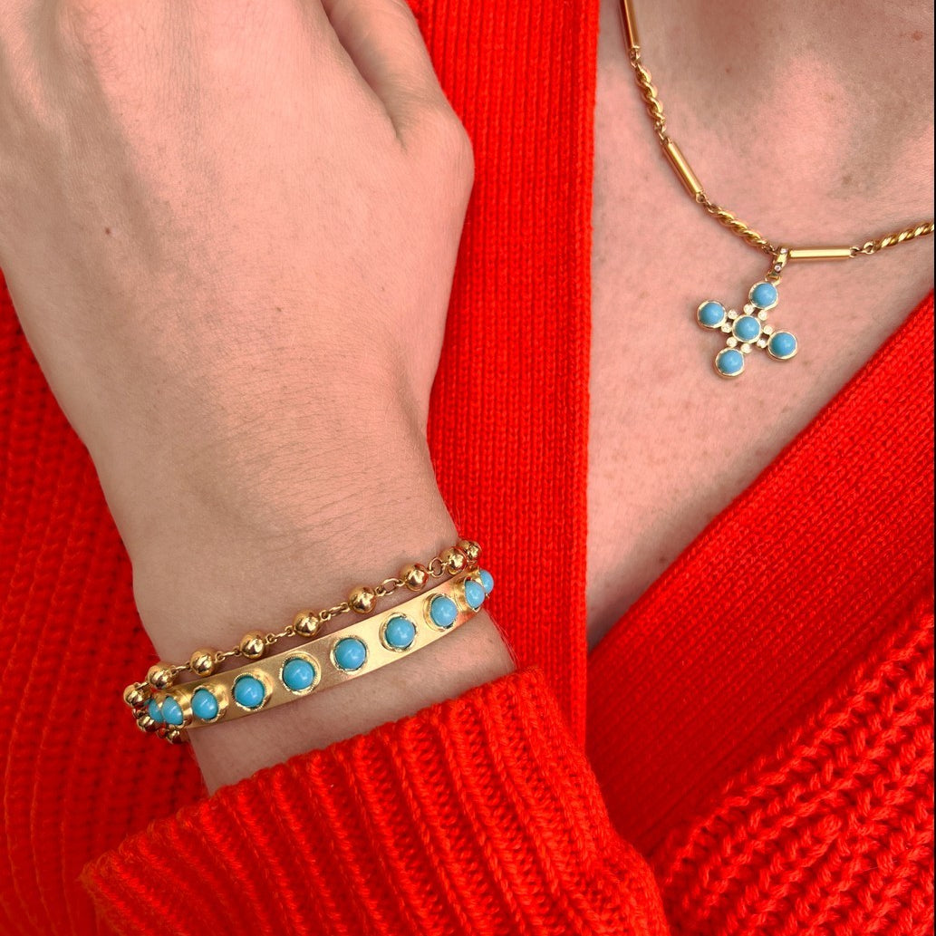 TURQUOISE CUFF, 18k yellow gold
Satin finish
5mm turquoise
Made in Los Angeles
, Bracelet, Irene Neuwirth