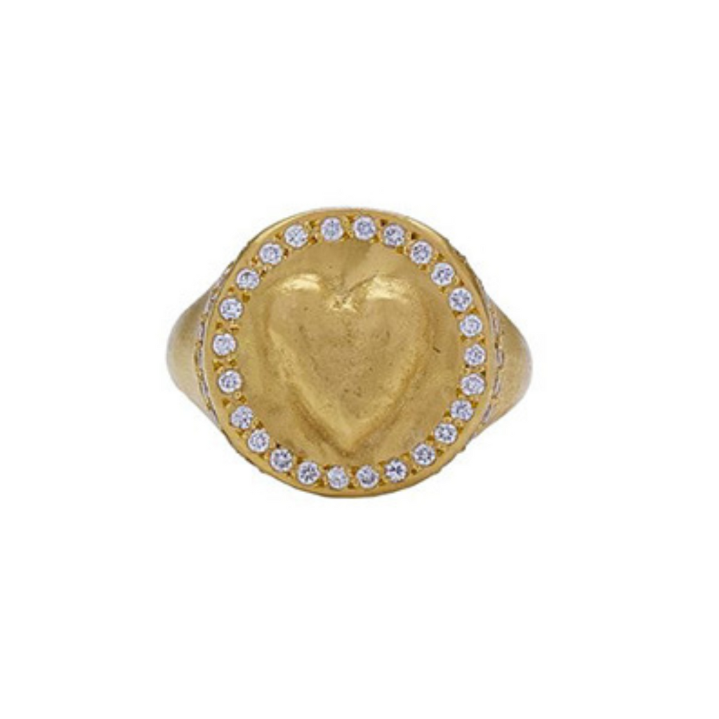 COIN HEART RING, 18k yellow gold 
0.40tw brilliant cut diamonds 
Size 6.5 
Made in Greece 
, RINGS, Christina Alexiou