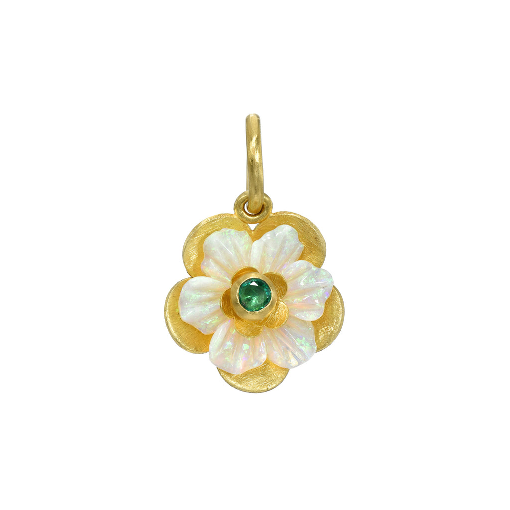 CARVED OPAL FLOWER PENDANT WITH EMERALD, 22k yellow gold 
Carved opal flower 
Cabochon emerald, Pendant, Stephanie Albertson