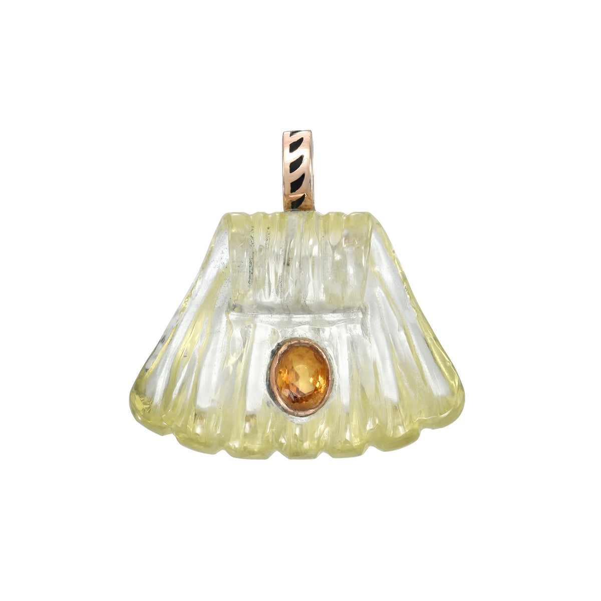 LEMON QUARTZ CAPRI SHELL WITH CITRINE, 18k rose gold & black enamel
Carved lemon quartz Capri shell, Pendant, DEZSO