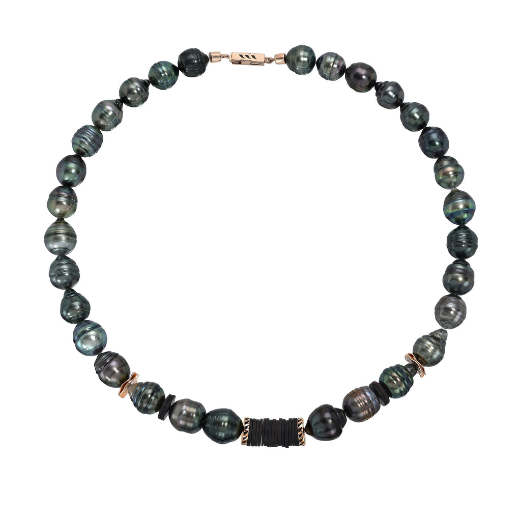 CLASSIC PEARL PUKA NECKLACE, 18k rose gold &amp; black enamel clasp 
9mm baroque Tahitian Pearls, NECKLACES, DEZSO