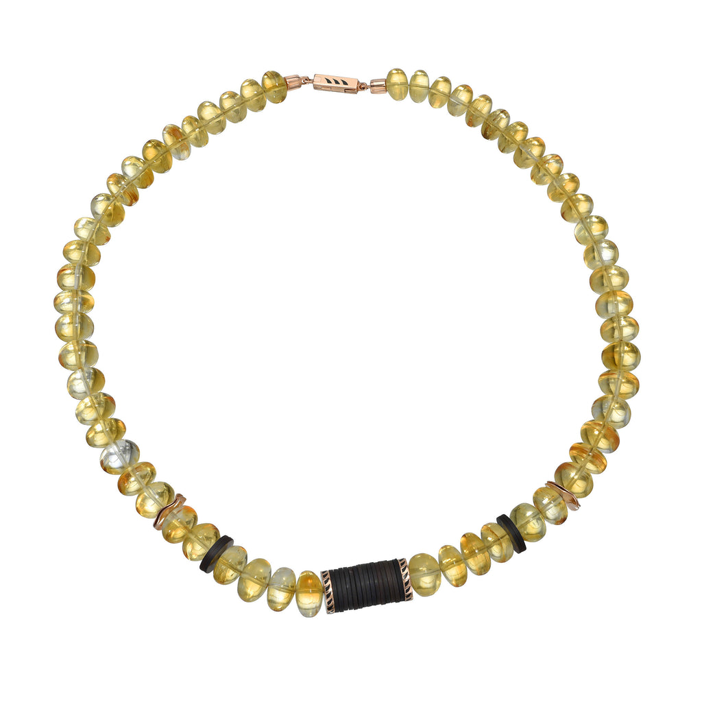CITRINE SHARK FIN PUKA NECKLACE, 18k rose gold &amp; black enamel clasp &amp; rondelles 
Graduated citrine beads 
Coco shell beads 
16 inches in length 
, NECKLACES, DEZSO