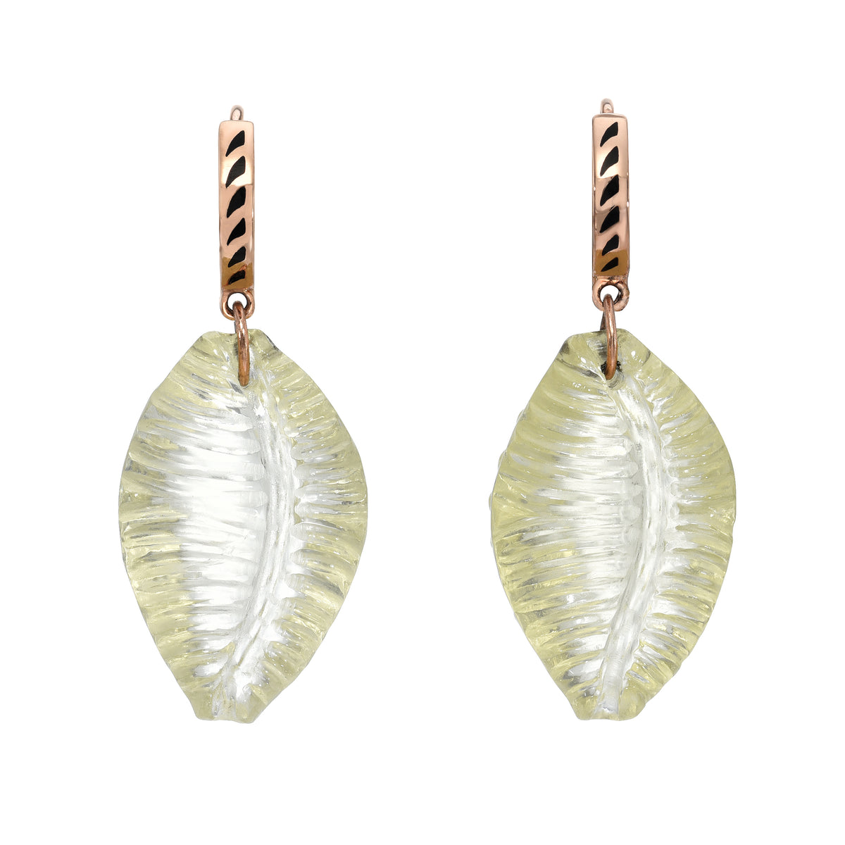 CARVED LEMON QUARTZ COWRIE EARRINGS, 18k rose gold & black enamel
Carved lemon quartz
, Earrings, DEZSO