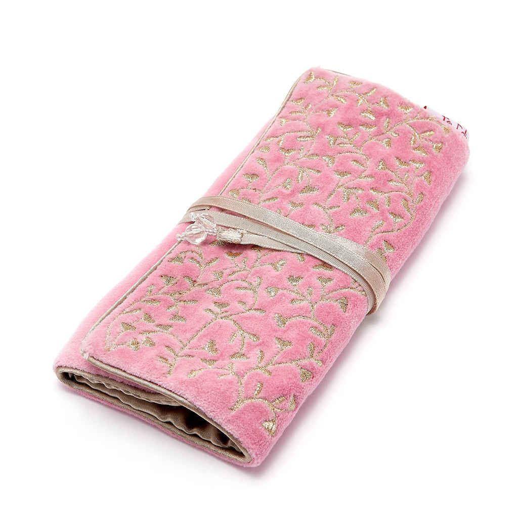 VELVET JEWELRY ROLL - PINK & GOLD EMBROIDERY, Pink colored velvet 
Champagne satin linking and tie 
3 pockets; 1 main pocket, 2 zip pockets, and 2 ring holders which unclip, JEWELRY CASES, Jo Edwards London