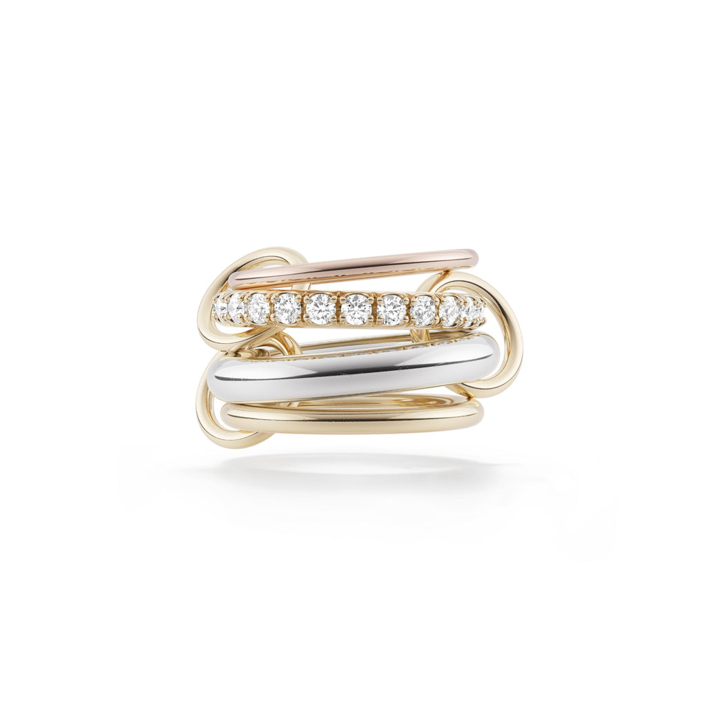 JANSSEN MIX, Four linked rings in 18k yellow gold, rose gold and sterling silver 
1.20tw white diamonds 
18k yellow gold connectors 
Size 7 
Made in Los Angeles 
Final sale  
, Ring, Spinelli Kilcollin