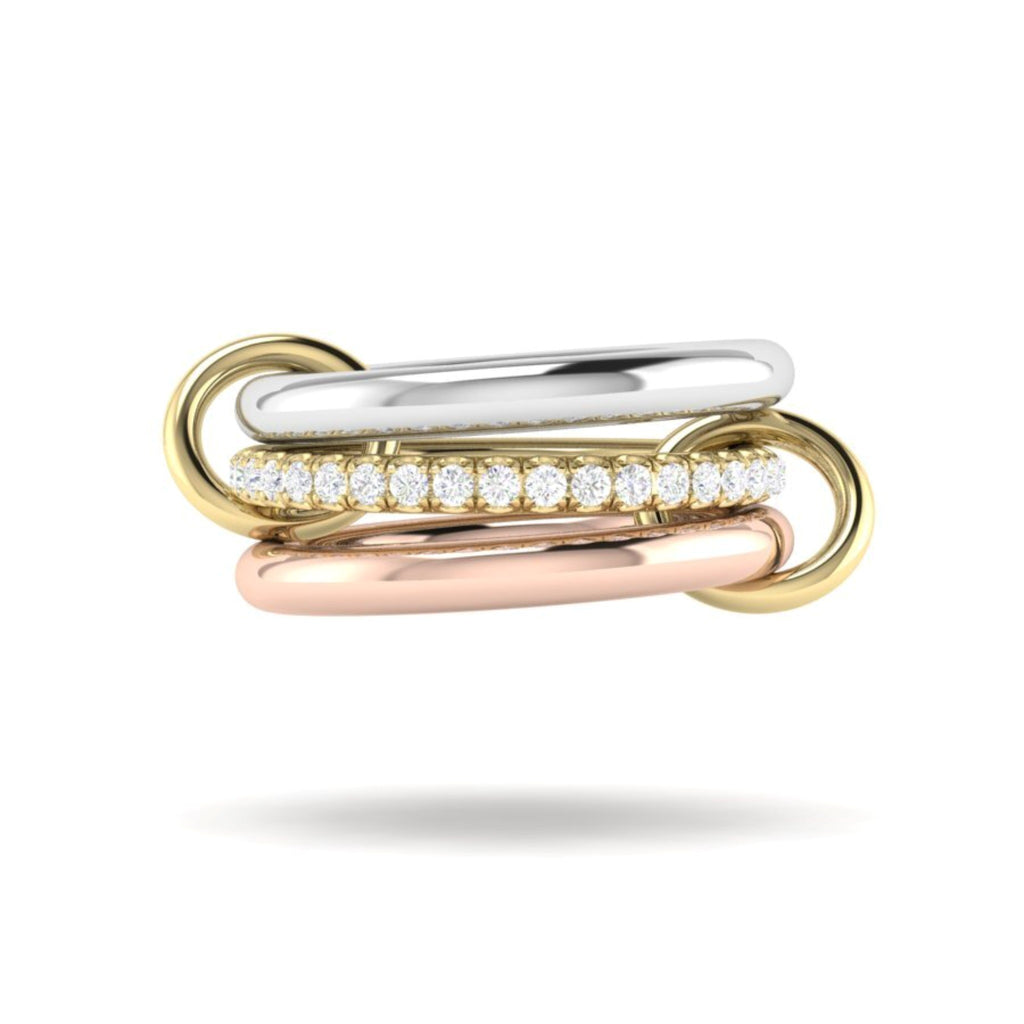 LIBRA MX PETITE, Three linked rings in 18k yellow and rose gold 
0.70tw U-pave white diamonds with black rhodium plating 
18k yellow gold connectors 
Size 7 
Made in Los Angeles 
Final sale  
, Ring, Spinelli Kilcollin