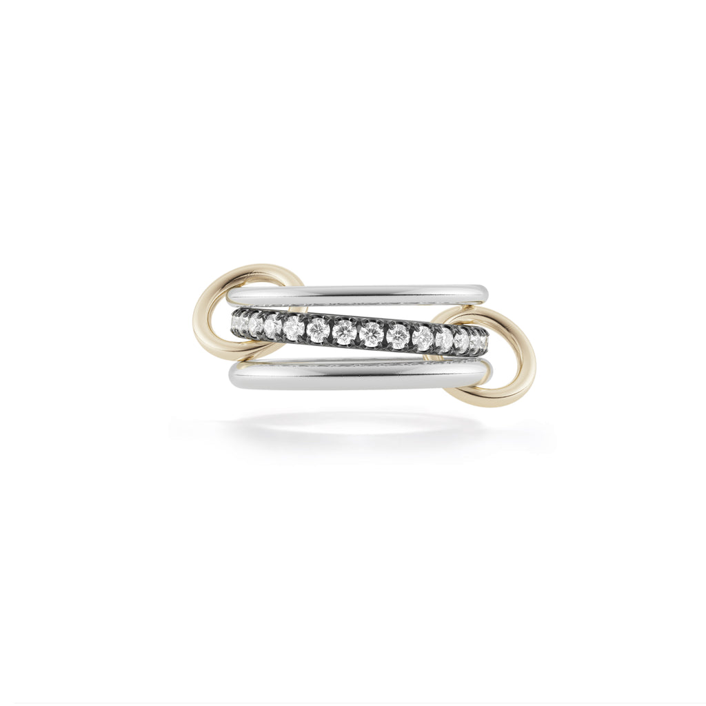 PETUNIA SP, Three linked rings in sterling silver 
1.20tw u-pave white diamonds with black rhodium plating 
18k yellow gold connectors 
Size 7 
Made in Los Angeles 
Final sale  
, Ring, Spinelli Kilcollin